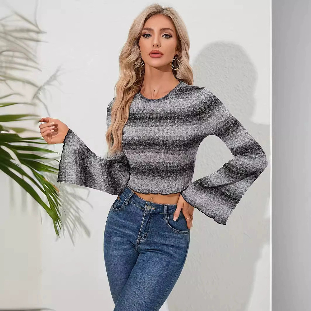 ZARA Womens Cropped Long Wide Sleeve Striped Knit Top Korean Style Gray Black